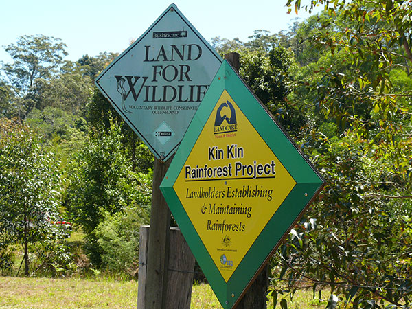 Signs on the main road frontage showing rainforest recovery project.