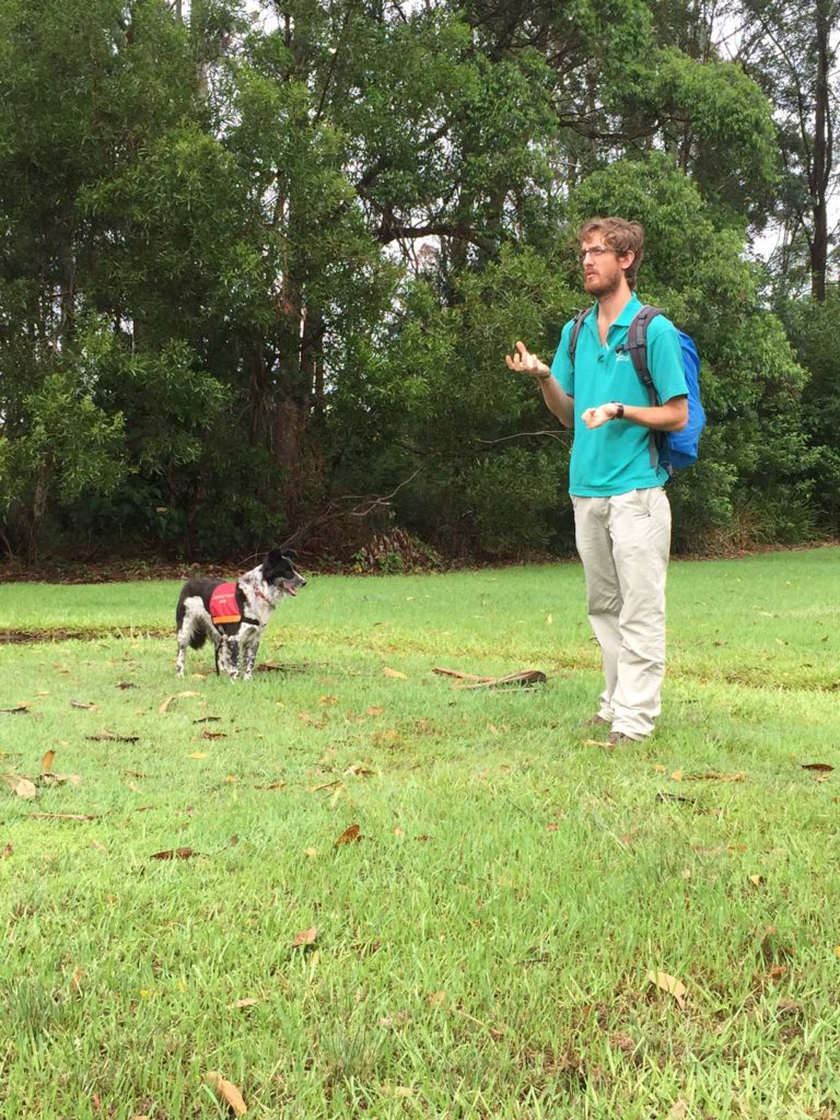 An image of Researcher Anthony Schultz from USC with Maya talking to Sunshine Coast Land for Wildlife members about their work.