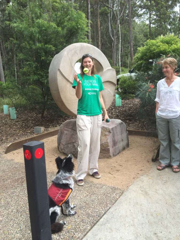 An image of Romane Cristescu demonstrating Maya's ball-obsession to Land for Wildlife members
